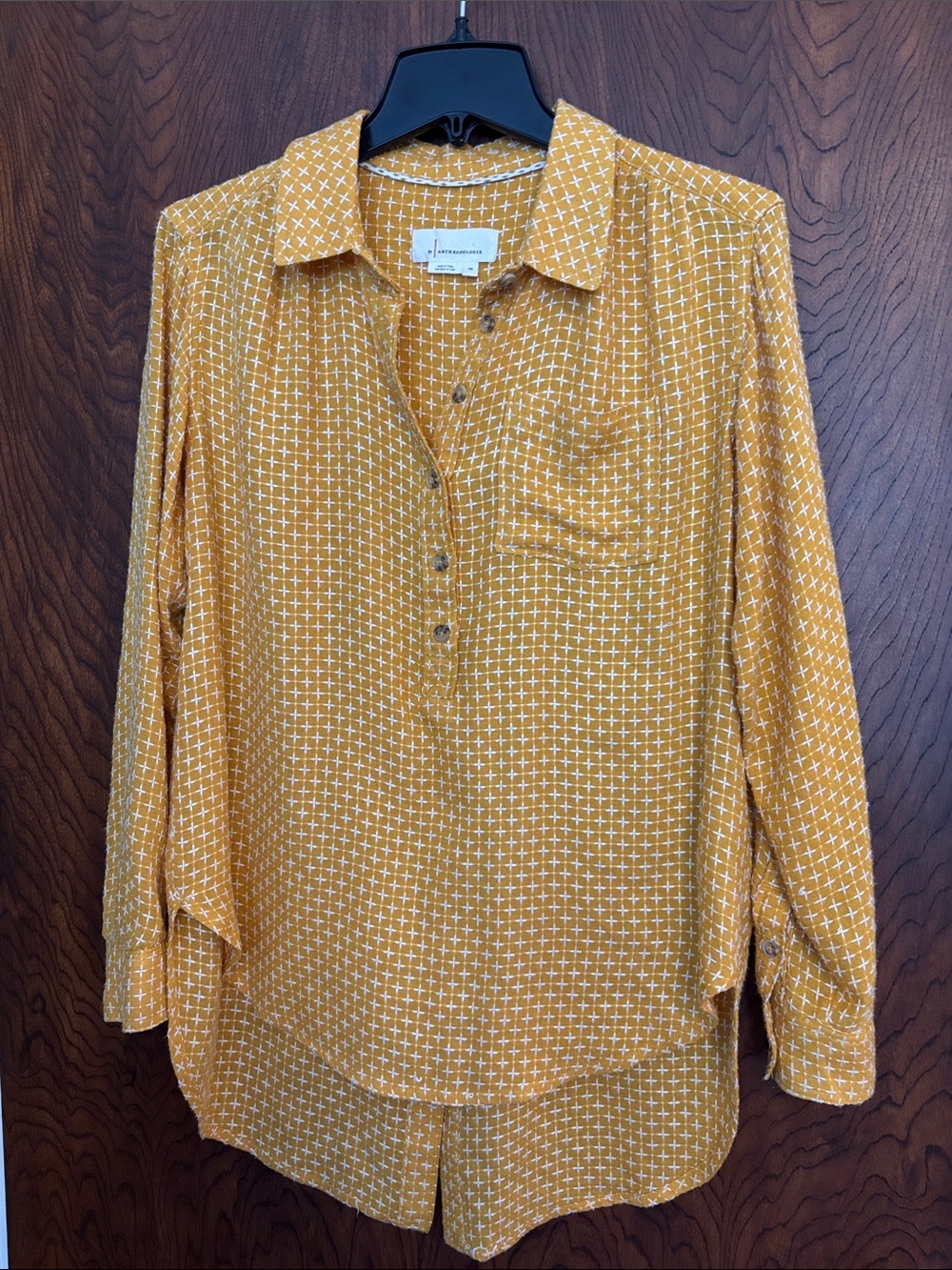 Anthropologie Mustard Yellow Cross-Print Button-Up Shirt